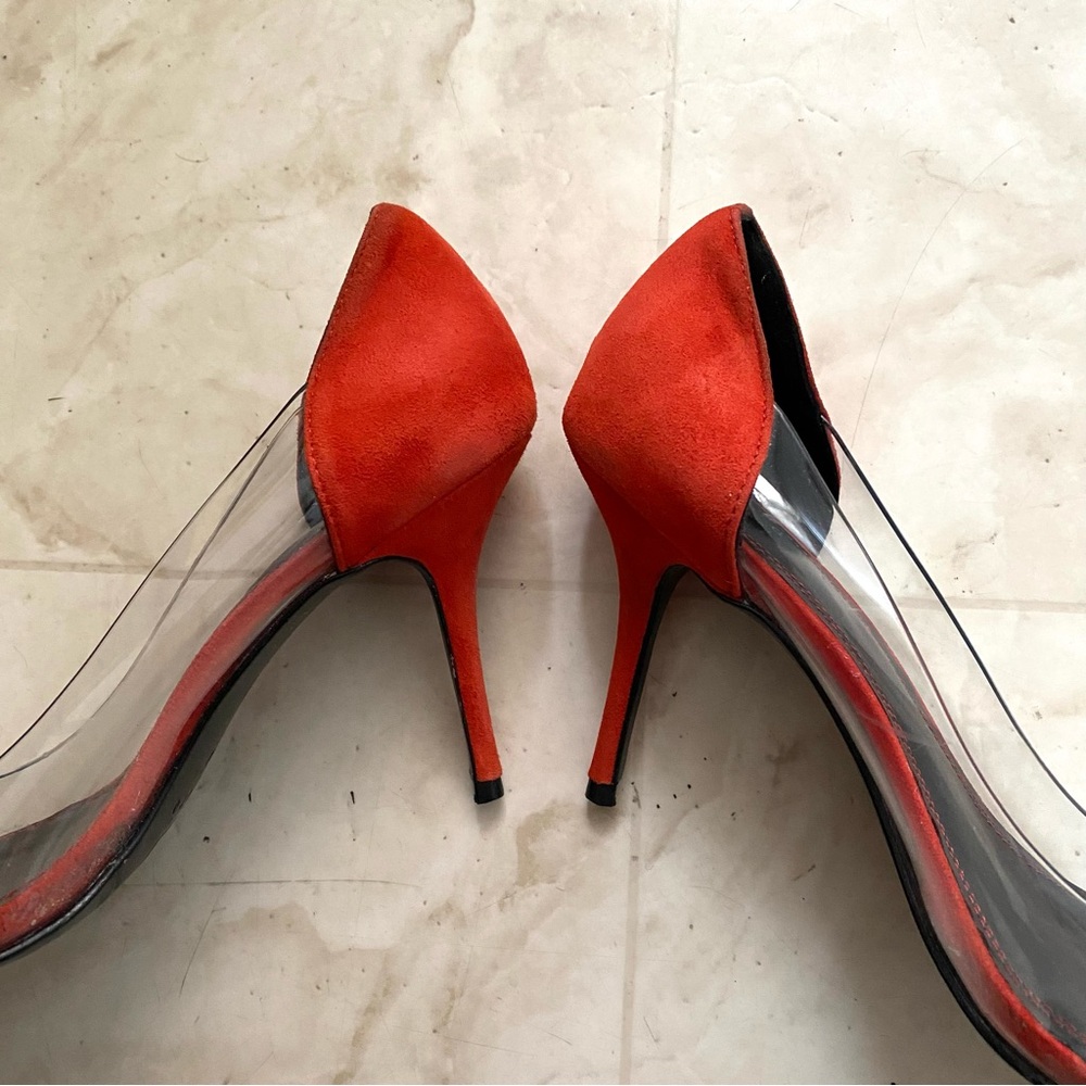 $340 Sandro Orange Suede Clear Vinyl Pointed Toe Pumps Heels Size 9.5/40 - Picture 8 of 14
